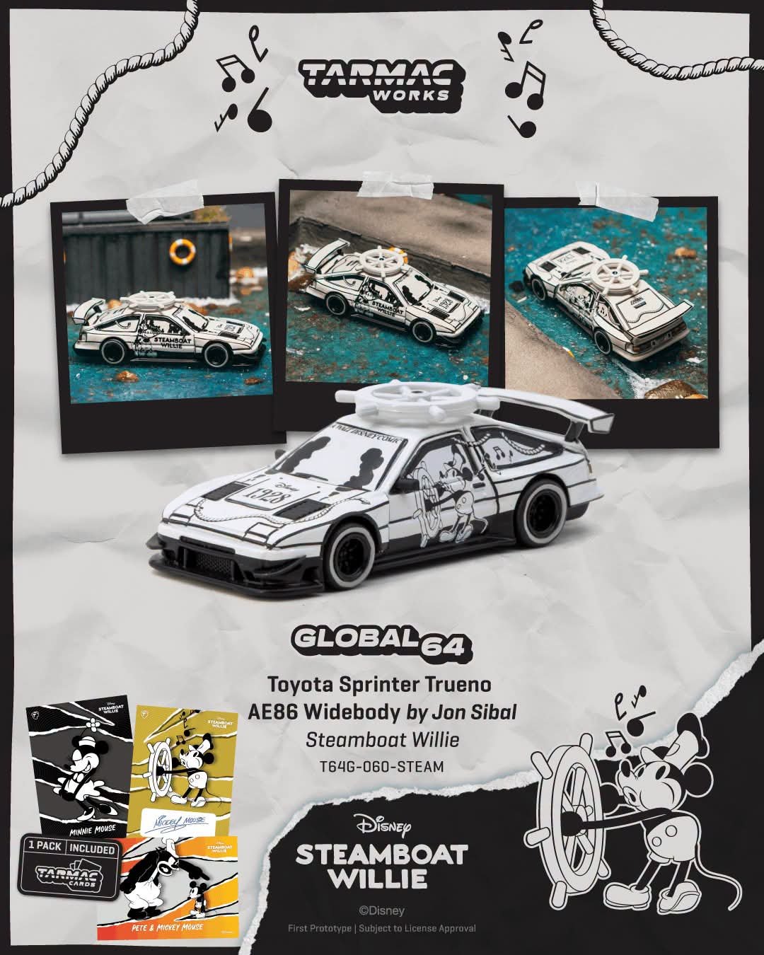 IMG-20260630-WA0008 (Pre-order) Tarmac Works Toyota Sprinter Trueno AE86 Widebody by Jonsibal Mickey Steamboat Willie Model Car + Tarmac Cards Combo set (ETA Dec 2026) - Image 1